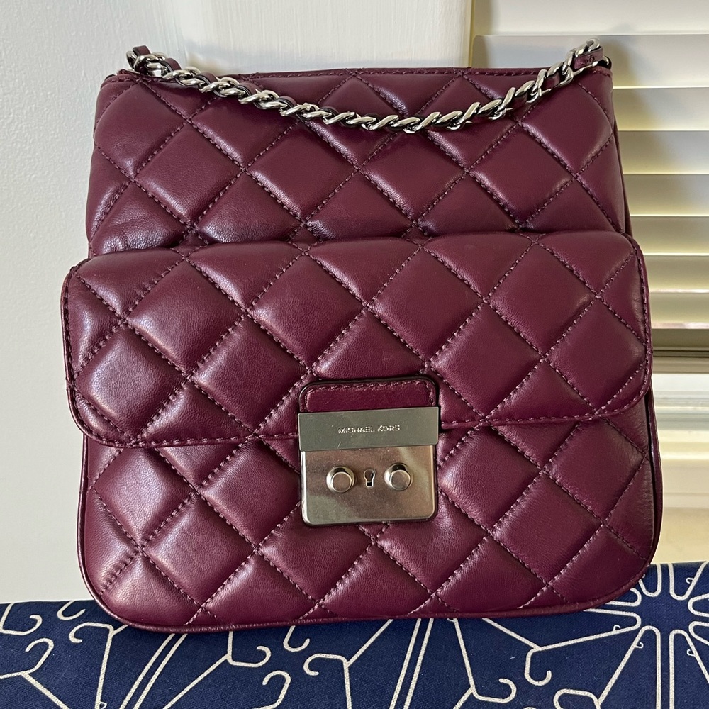 Plum Purple Michael Kors Crossbody Quilted Purse with Chain Strap Detail